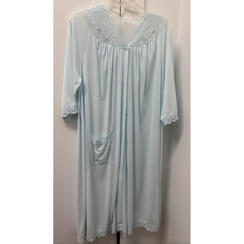 Shadowline Women's Large Robe Dressing Gown Embroidered Aqua Blue